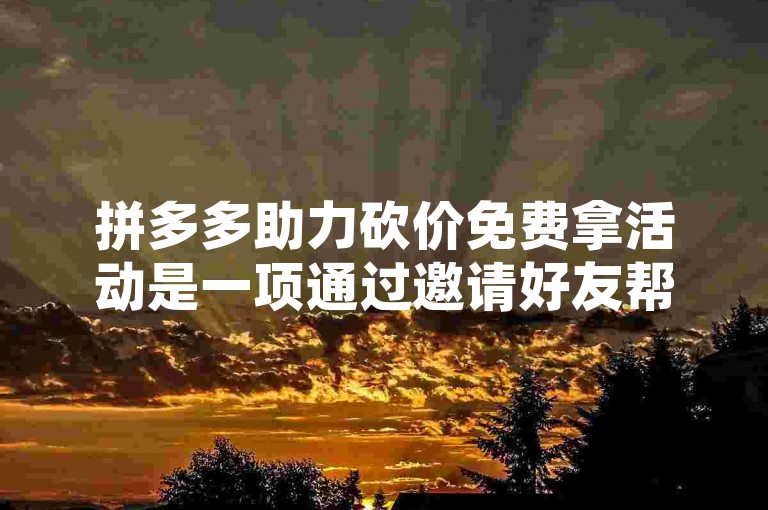 拼多多助力砍价免费拿活动是一项通过邀请好友帮忙砍价，以期在限定时间内将商品价格降至零元，从而免费获得该商品的促销活动。