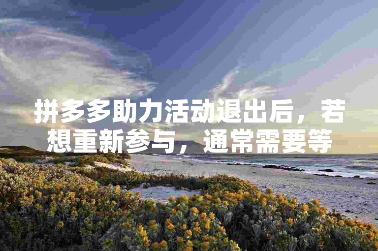 拼多多助力活动退出后，若想重新参与，通常需要等待一段时间或满足特定条件后才能再次开启。