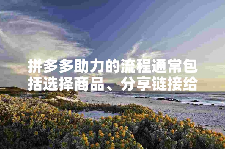 拼多多助力的流程通常包括选择商品、分享链接给好友或群组、好友点击链接并完成助力任务，最后达到助力条件后即可享受优惠或获得相应奖励。