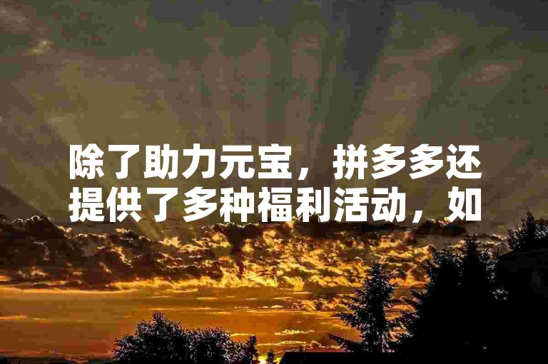 除了助力元宝，拼多多还提供了多种福利活动，如限时秒杀、优惠券领取等，让用户享受更多购物优惠。