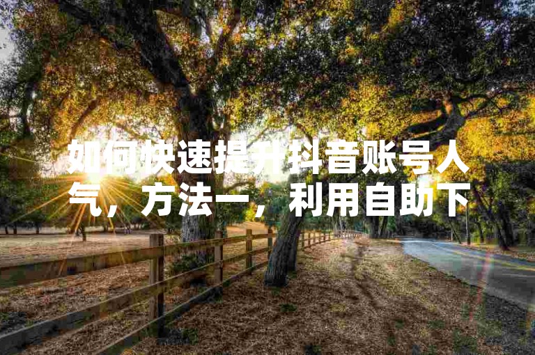 如何快速提升抖音账号人气，方法一，利用自助下单平台，使用抖音点赞粉丝下单平台等自助下单系统，24小时自助购买点赞和粉丝，提升账号可信度。，方法二，选择可靠平台，选择信誉度高、用户评价良好的平台，确保安全合法。，方法三，注意安全问题，保护个人信息，避免账户被盗或信息泄露。