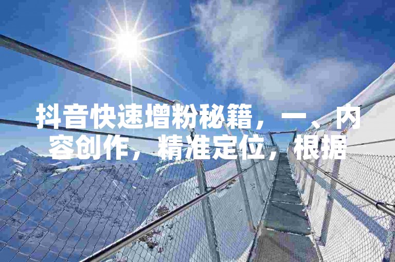 抖音快速增粉秘籍，一、内容创作，精准定位，根据用户喜好，明确内容主题。例如，专注于上班族5分钟快手减脂餐。，高质量视频，制作有趣、有料的视频，注重创意和精品化。，二、账号运营，互动推广，积极回复评论，提高用户留存率。，利用热点，关注热门话题，但不盲目追求热点。，三、广告投放，精准定位，通过抖音广告投放功能，精准定位目标用户。，跨平台推广，在其他社交平台如微博、微信上宣传抖音账号。